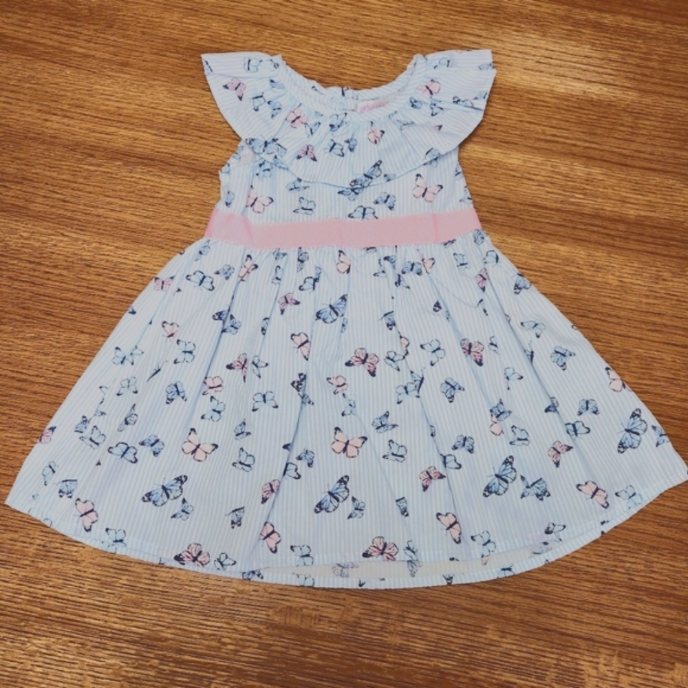 🟣 Nannette Baby Dress in Blue and White Stripe with Pink Ribbon
